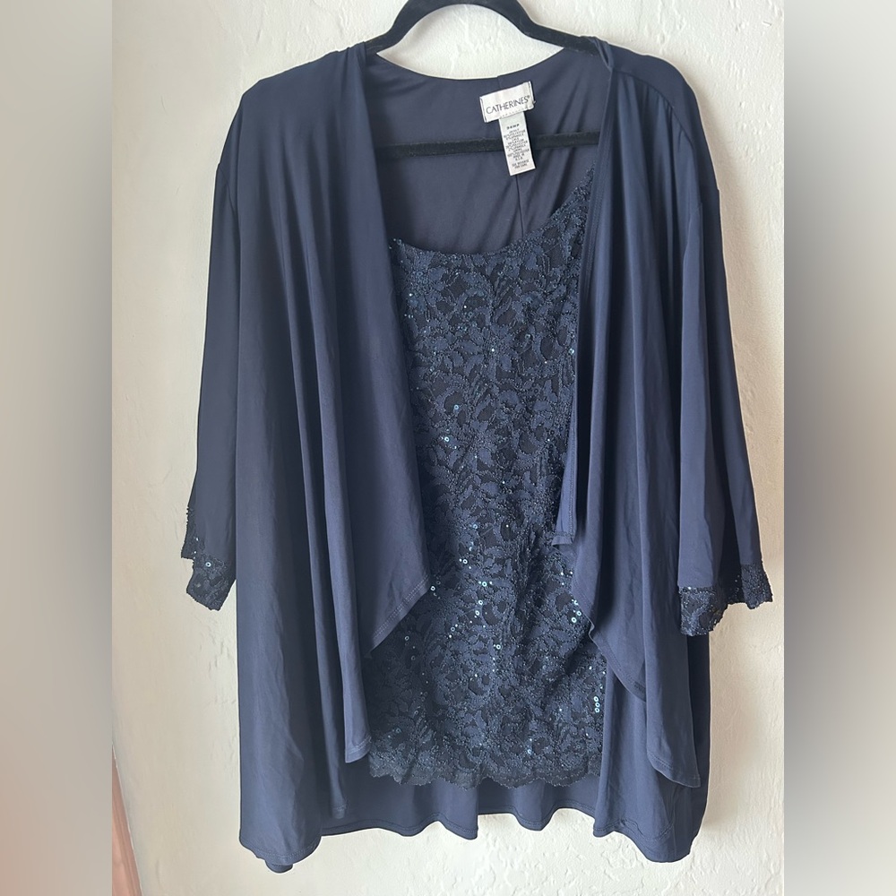 Catherines 3-Piece Navy Formal Set - Sequin Lace Top, Jacket & Pants 34WP
